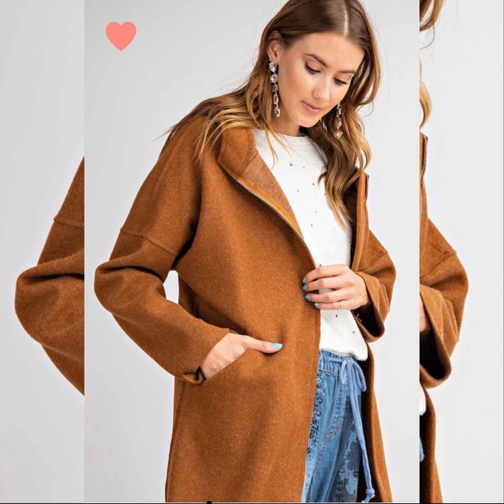 Brushed Zip Up Coat- CAMEL - Picture 3 of 8